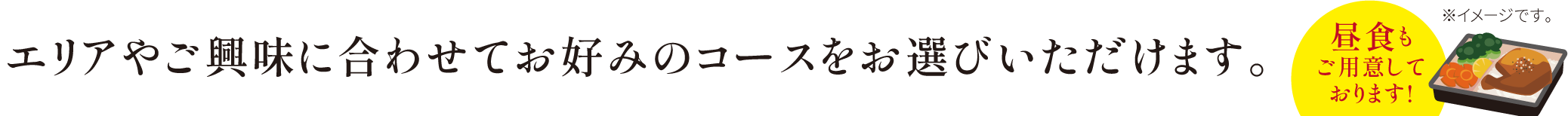 エリアやご興味に合わせてお好みのコースをお選びいただけます。 昼食もご用意しております!