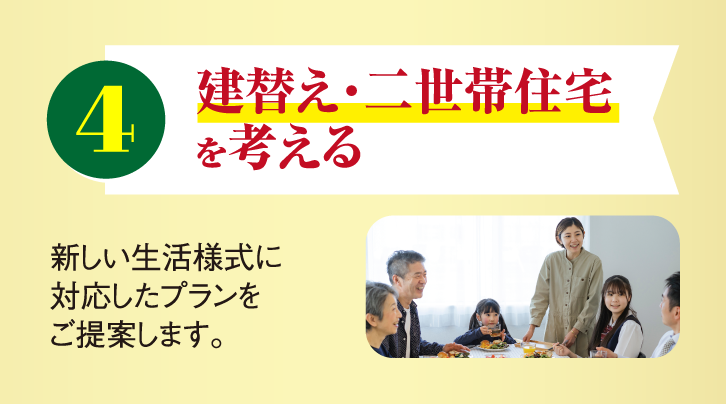 4 建替え・二世帯住宅を考える 新しい生活様式に対応したプランをご提案します。