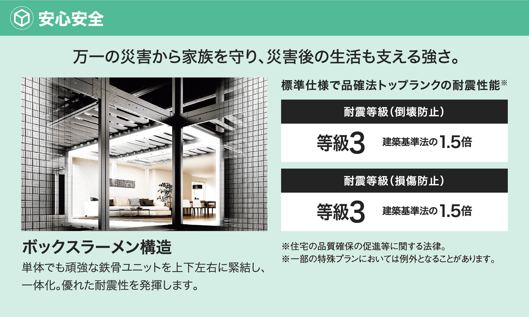 安心安全：万一の災害から家族を守り、災害後の生活も支える強さ。