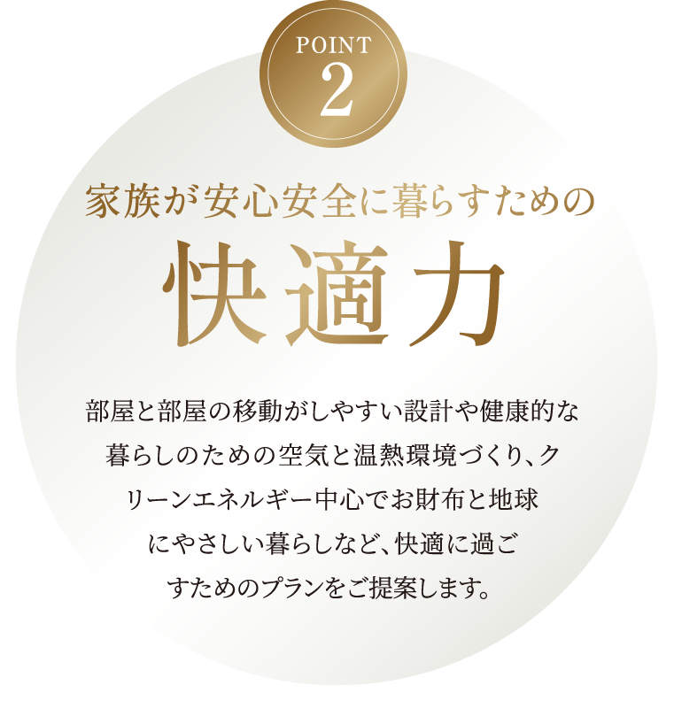 家族が安心安全に暮らすための快適力。部屋と部屋の移動がしやすい設計や健康的な暮らしのための空気と温熱環境づくり、クリーンエネルギー中心でおさいふと地球にやさしい暮らしなど、快適に過ごすためのプランをご提案します。