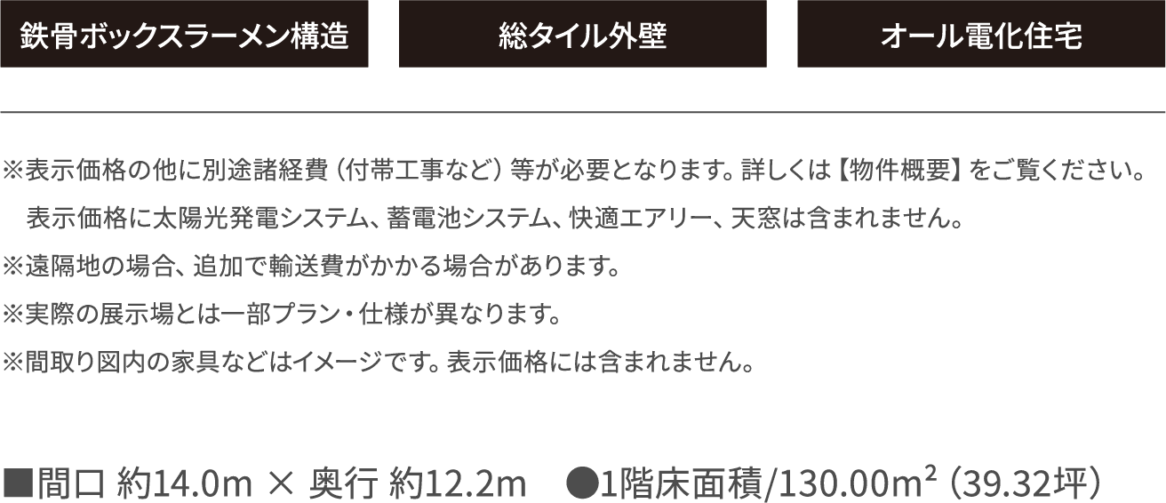 鉄骨ボックスラーメン構造 総タイル外壁 オール電化住宅 ※表示価格の他に別途諸経費（付帯工事など）等が必要となります。詳しくは【物件概要】をご覧ください。
                  　表示価格に太陽光発電システム、蓄電池システム、快適エアリー、天窓は含まれません。
                  ※遠隔地の場合、追加で輸送費がかかる場合があります。
                  ※実際の展示場とは一部プラン・仕様が異なります。
                  ※間取り図内の家具などはイメージです。表示価格には含まれません。
                  ■間口 約14.0m × 奥行 約12.2m ●1階床面積/130.00m²(39.32坪) 