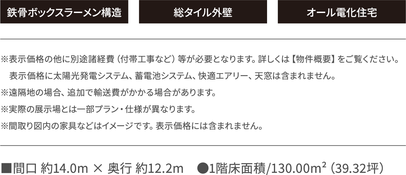 鉄骨ボックスラーメン構造 総タイル外壁 オール電化住宅 ※表示価格の他に別途諸経費（付帯工事など）等が必要となります。詳しくは【物件概要】をご覧ください。
                  　表示価格に太陽光発電システム、蓄電池システム、快適エアリー、天窓は含まれません。
                  ※遠隔地の場合、追加で輸送費がかかる場合があります。
                  ※実際の展示場とは一部プラン・仕様が異なります。
                  ※間取り図内の家具などはイメージです。表示価格には含まれません。
                  ■間口 約14.0m × 奥行 約12.2m ●1階床面積/130.00m²(39.32坪)
